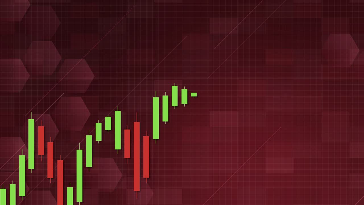 Candlestick chart animation with red and green bars on a textured red background, illustrating a bearish market trend