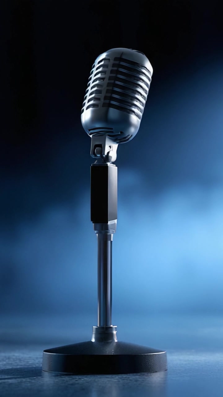 A Classic Retro Microphone Stand Captured in Two Frames: Emphasizing the Rich Texture and Shine Against a Soft Blue Background for Dramatic Effect
