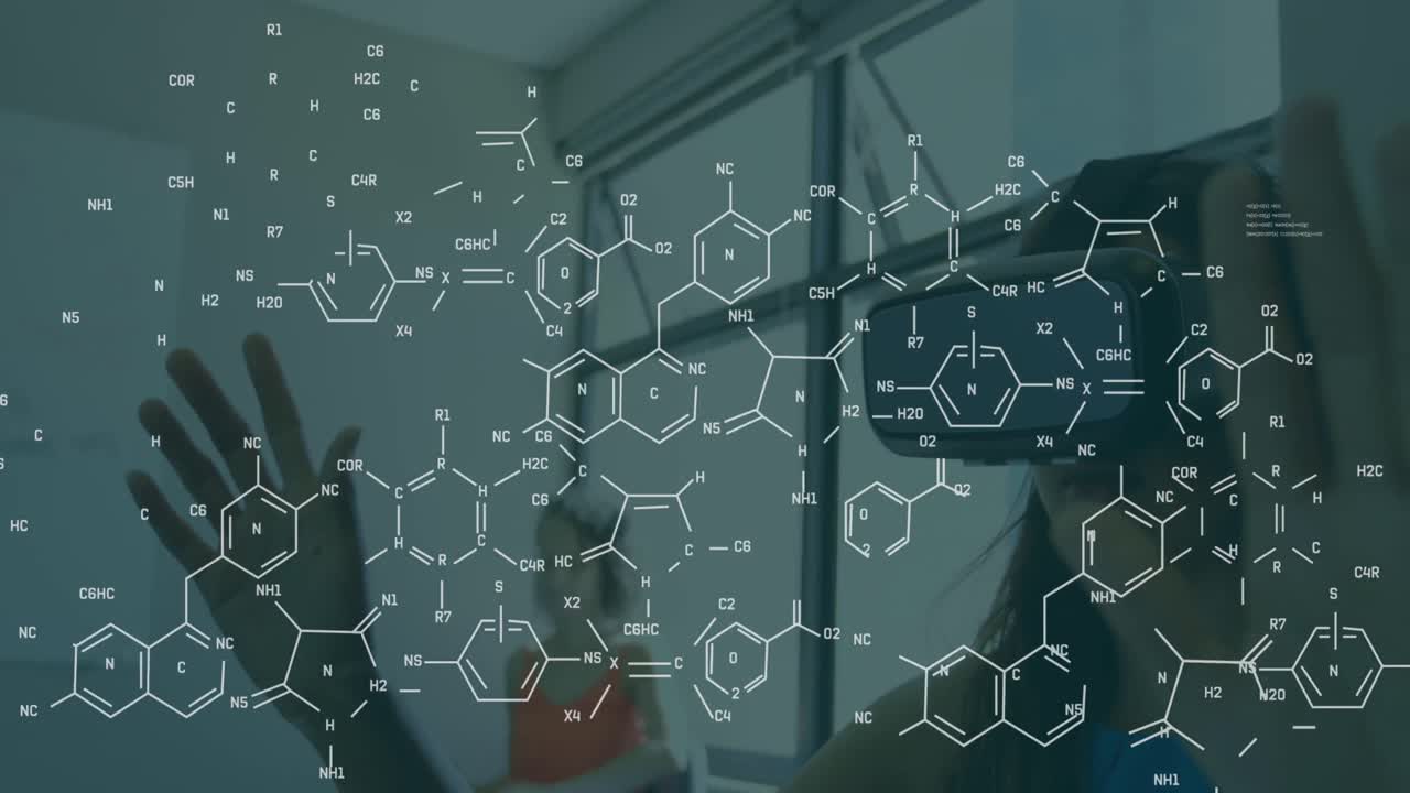 Animation of chemical formula over caucasian woman using vr headset