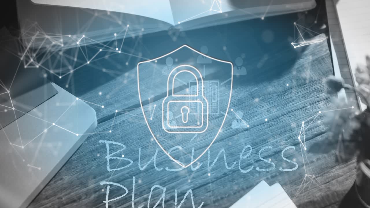 Launching digital network animation upon load, shield and padlock pulsing over business plan desk