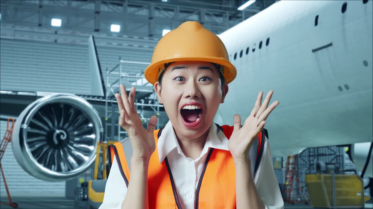 여성 엔지니어가 비행기 창고에서  놀랐다