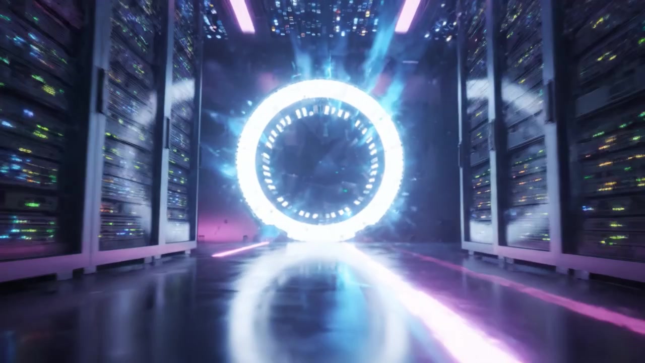 Futuristic Data Center with Neon Lighting and Portal, Showcasing a High-Tech Environment Filled with Advanced Technologies and Vibrant Digital Aesthetics