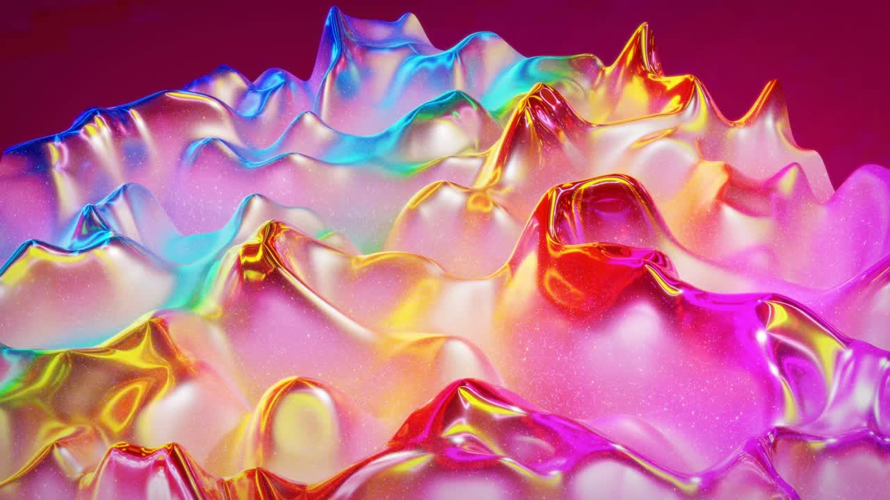 Looped abstract background. Beautiful iridescent wavy surface of liquid with pattern, gradient color and flow waves on it. Rainbow glossy and matt fluid. Creative bright bg with soft smooth animation.