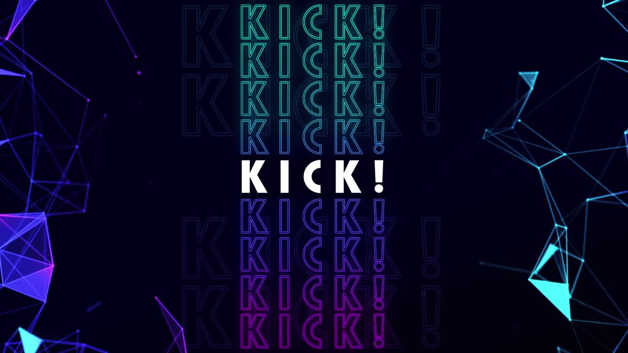 animación del texto de patada en blanco, sobre redes púrpuras y verdes flotando sobre fondo negro