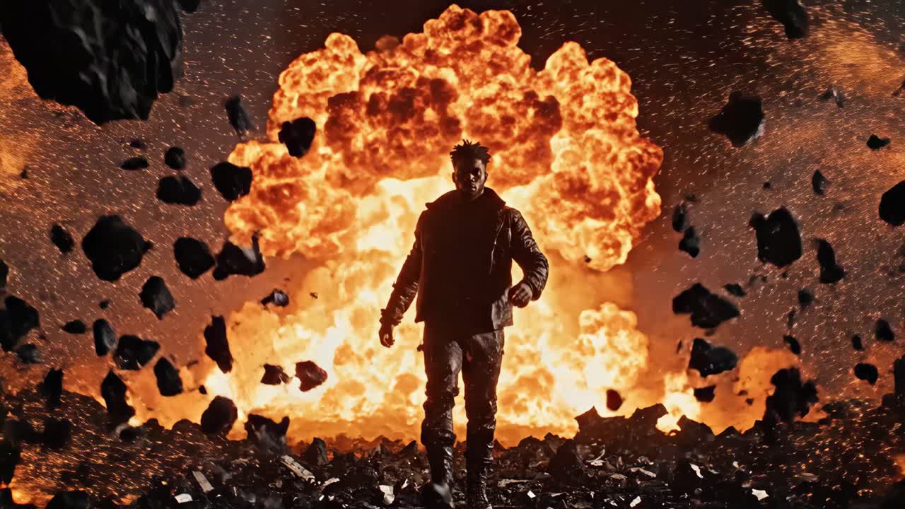 Man Walking Away From Explosion