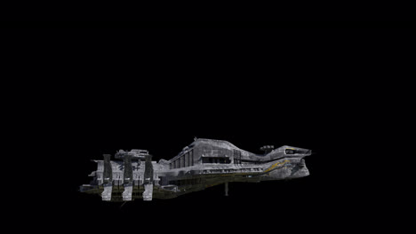 giant spaceship landing, side - view, black background suitable for overlay with alpha channel matte blending option, seamless integration into various sci-fi concepts and scenes