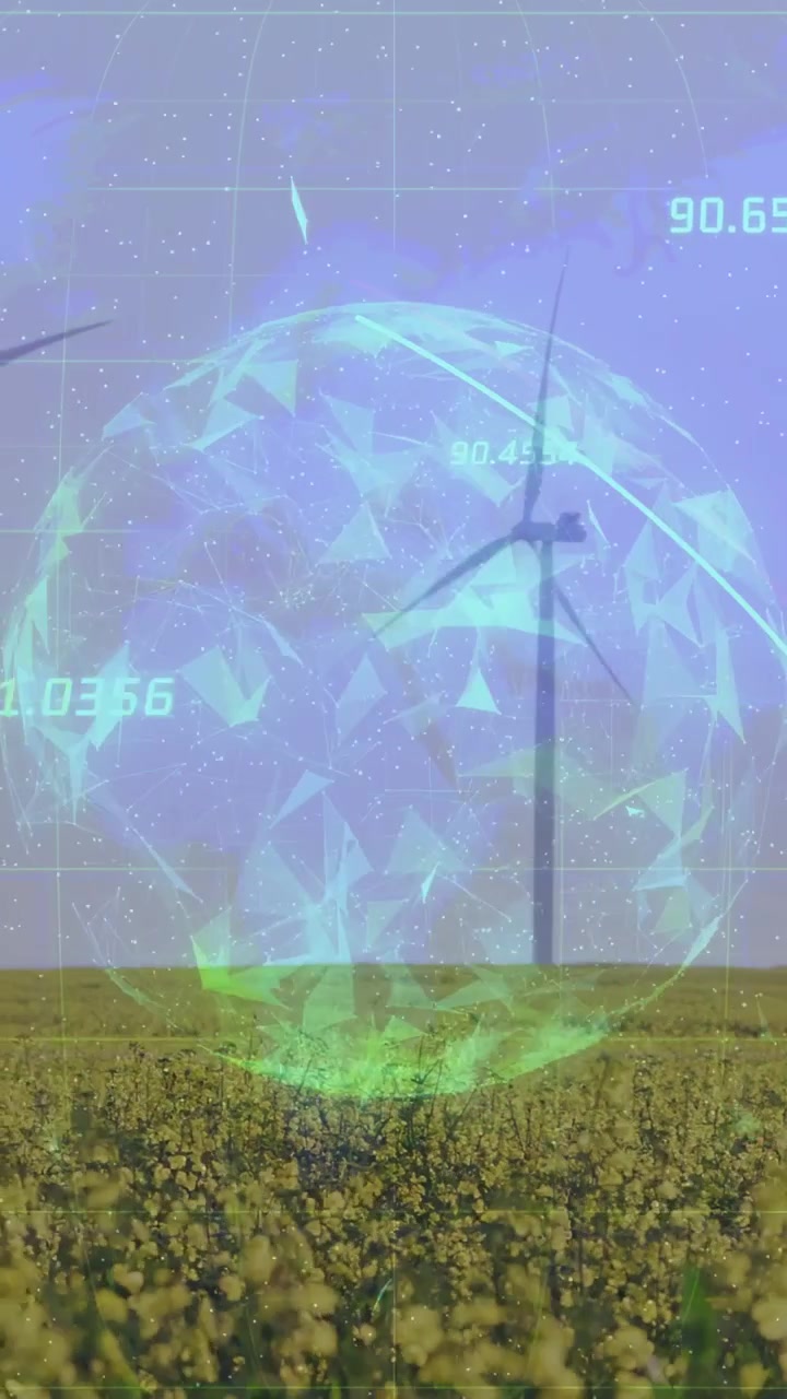 Video verticale: Un globo color verde acqua sorge all'orizzonte avviando la raccolta dati mentre le pale girano monitorando il vento.
