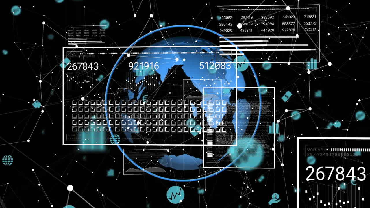 animación del procesamiento de datos y la red de conexiones en todo el mundo