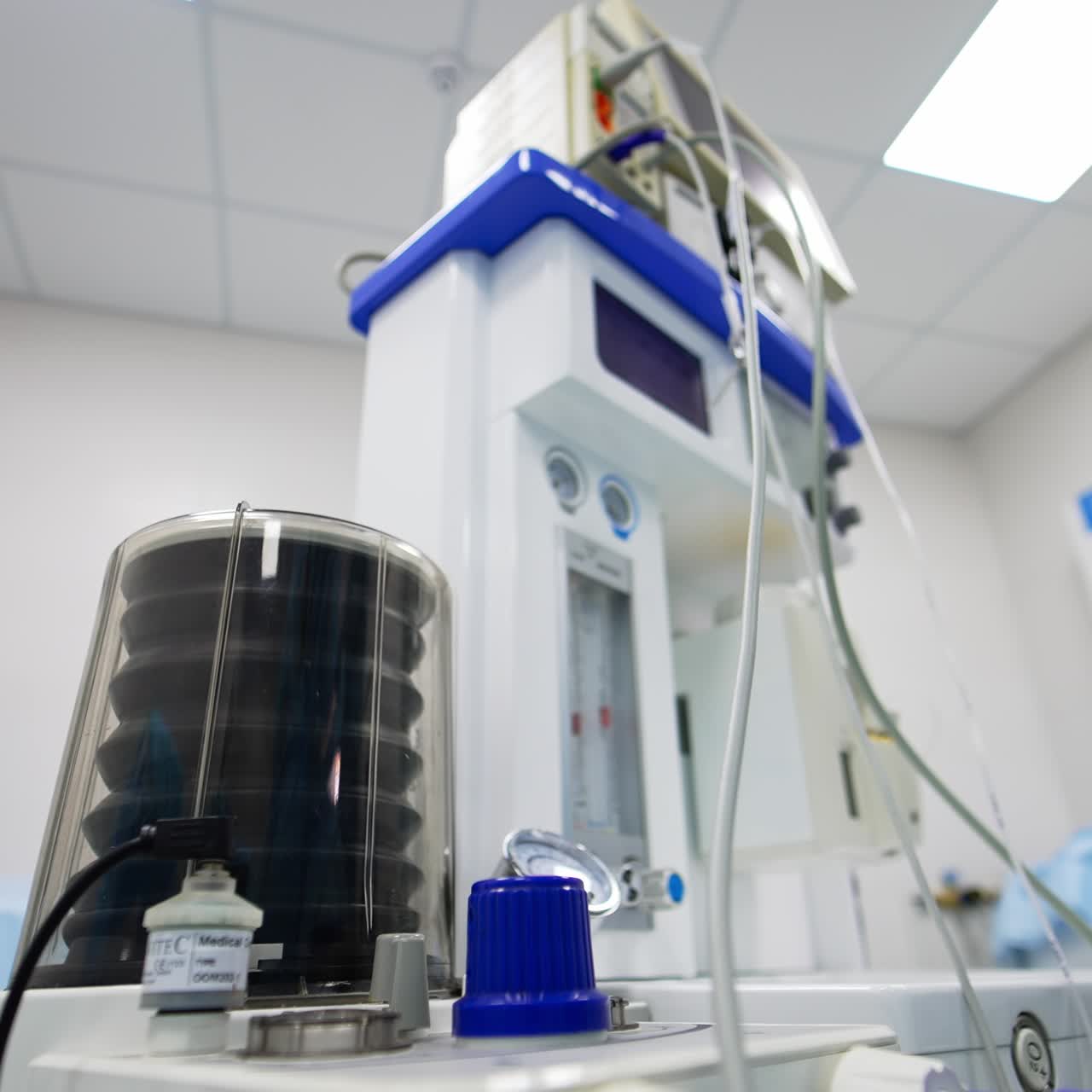 Advanced equipment at present-day operational theatre. Switched off apparatus of artificial lung ventilation. Close up
