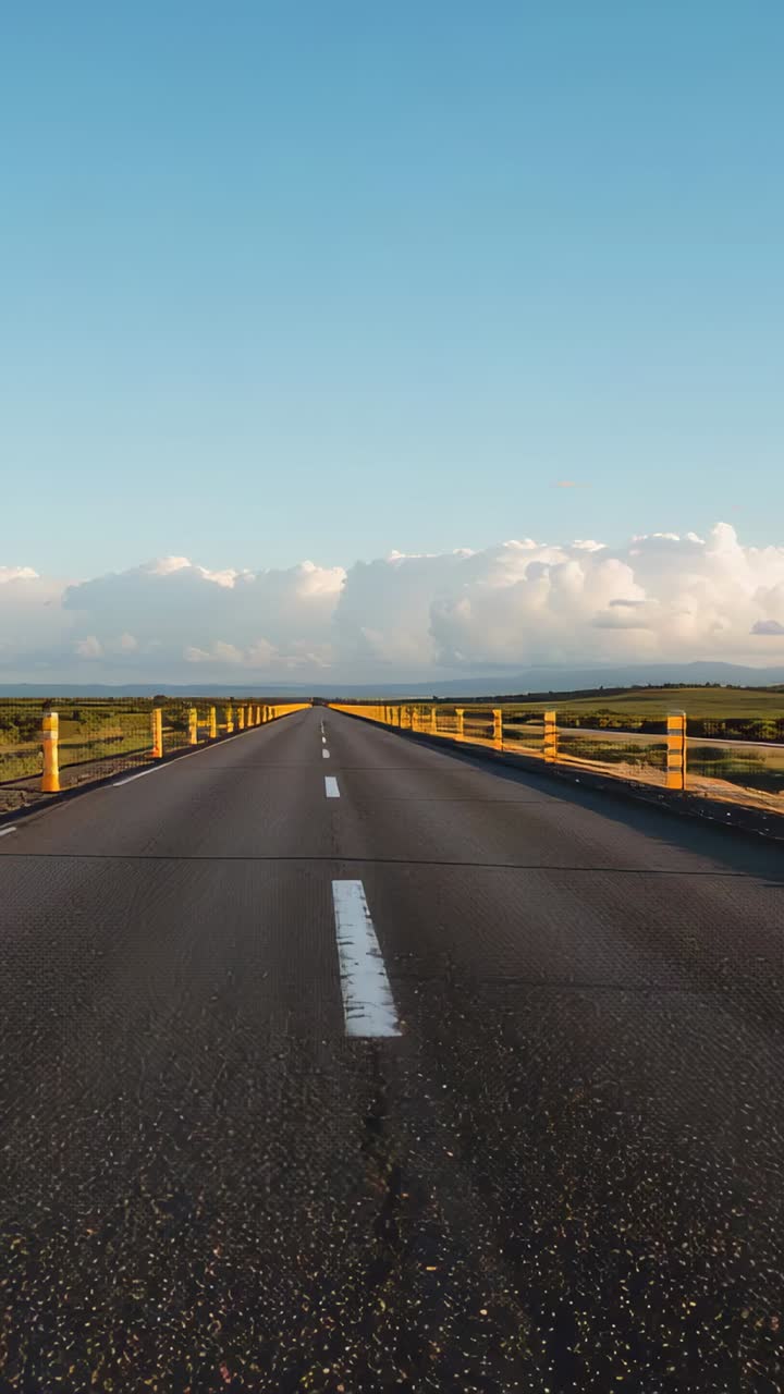 Vertical video: Road moving over bridge as camera pushing forward to show dashed line, yellow posts