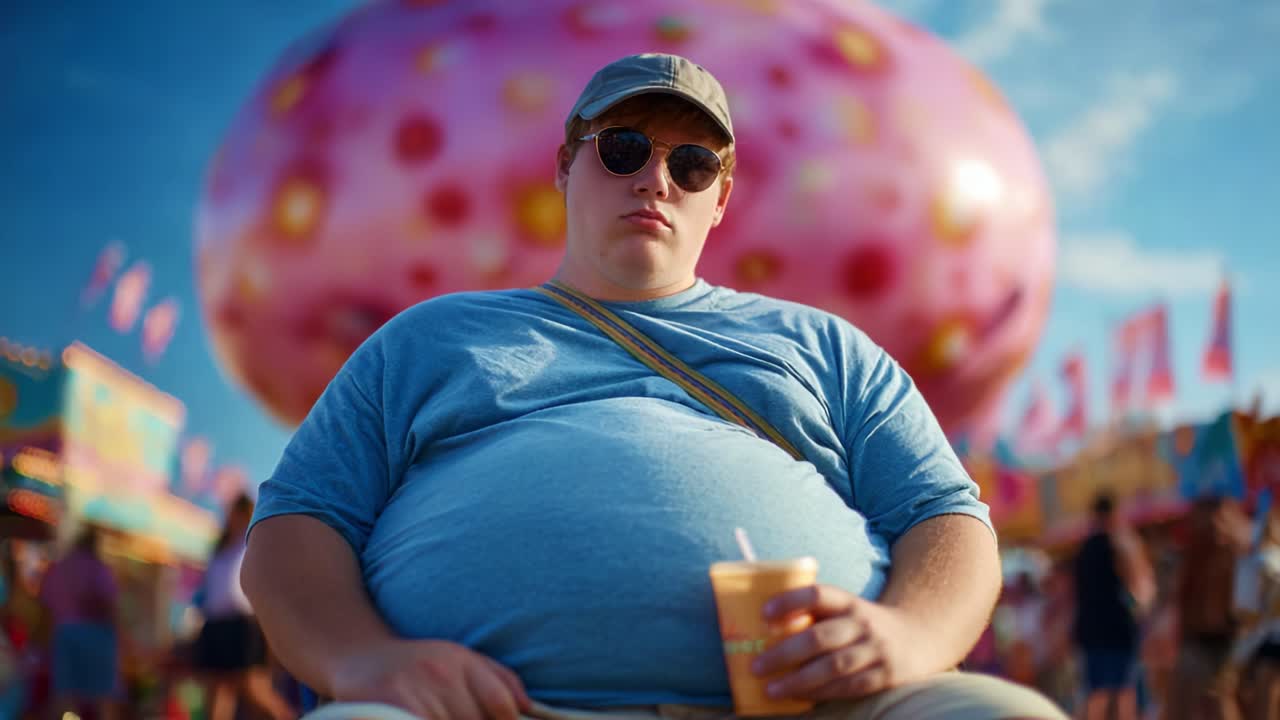 A relaxed individual enjoying a vibrant summer festival atmosphere, seated with a beverage while the colorful carnival backdrop creates a cheerful, lively scene