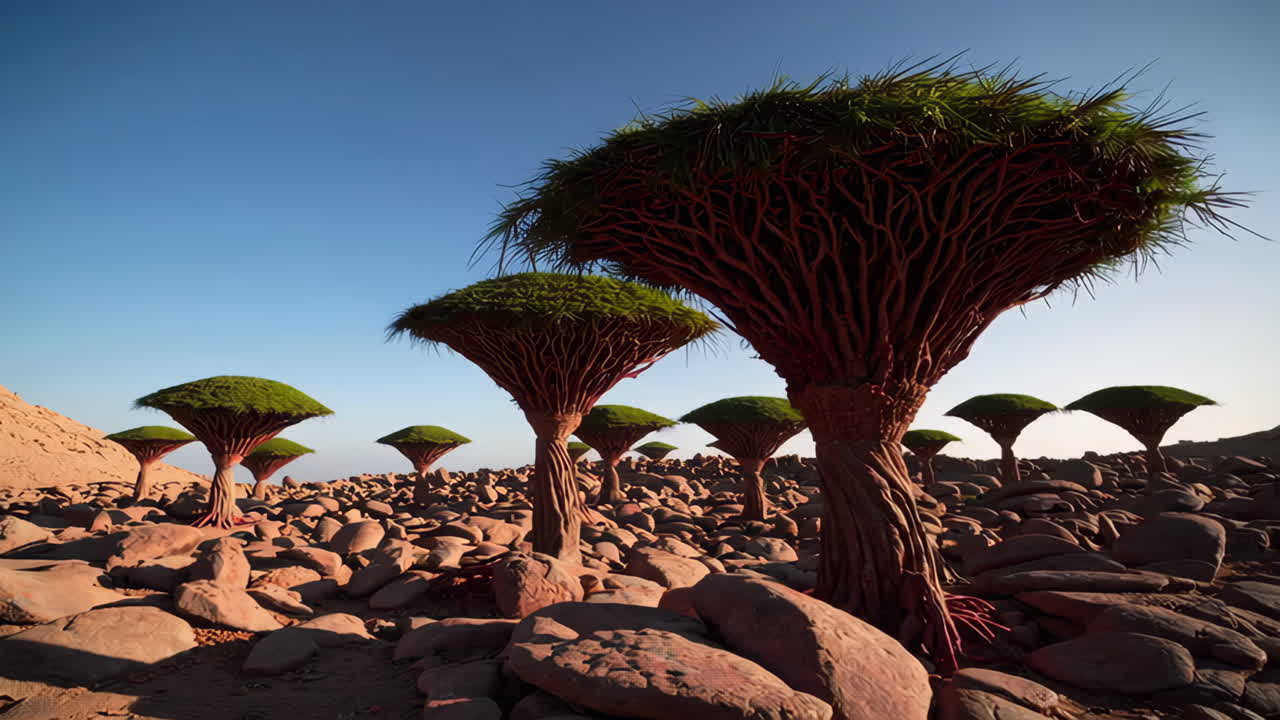 A surreal landscape featuring Dragon's Blood Trees on a rocky terrain