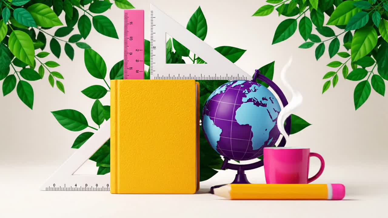 Learning essentials with book globe pencil and green leaves