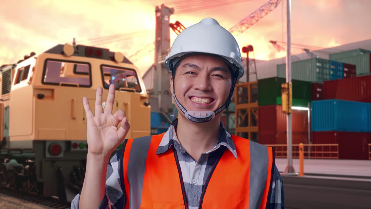 Close Up Of Asian Male Engineer With Safety Helmet Smiling And Showing Okay Gesture To The Camera While Standing With Freight Cargo Train At Port