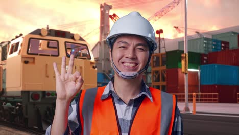 close up of asian male engineer with safety helmet smiling and showing okay gesture to the camera while standing with freight cargo train at port