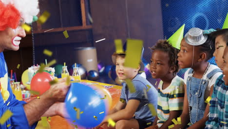 animation of confetti falling over clown and children having fun at party