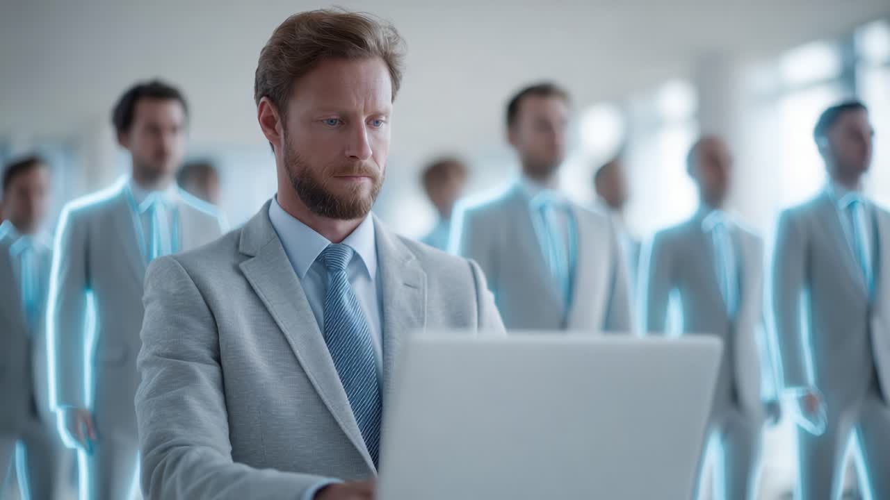 A professional man focuses intently on his laptop in a modern office environment, surrounded by a group of indistinct figures in sleek suits, embodying themes of technology and leadership