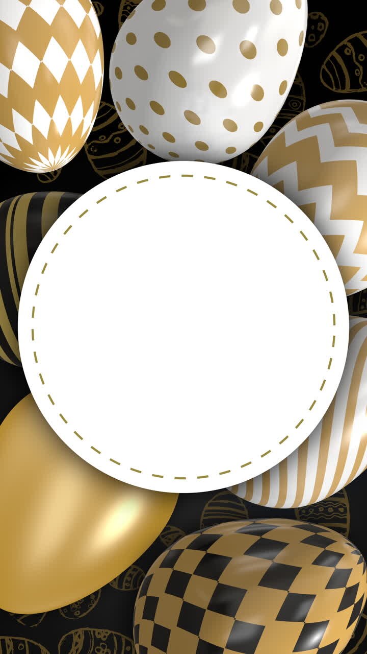Golden Easter eggs with geometric patterns. Round white label frame for text. Animated looped background. Christian religious holiday of Easter. Vertical video.