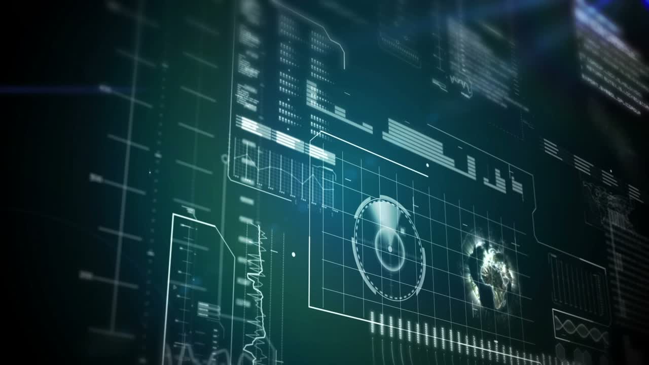 Animation of clock moving over data processing on black background