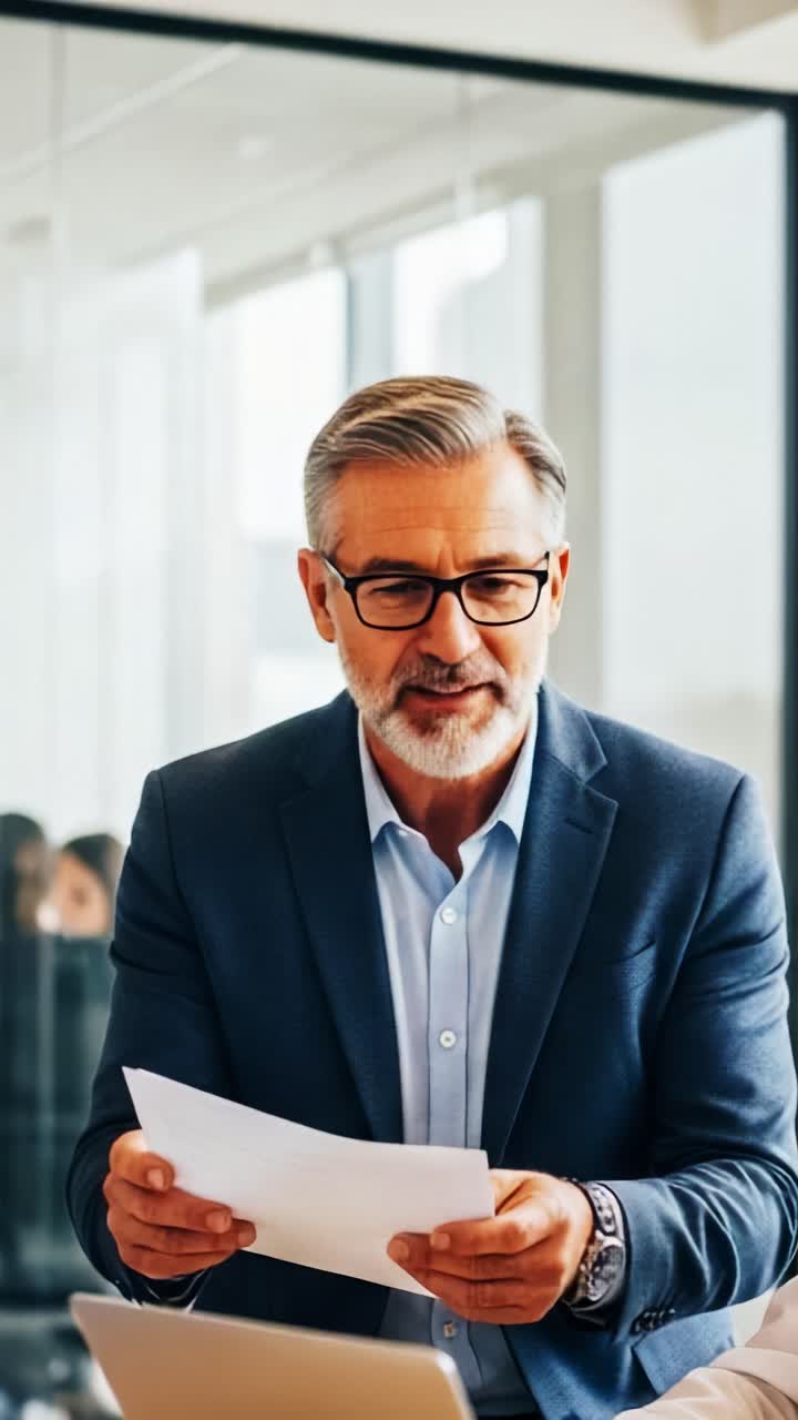 Fokuseret og engageret professionel person, der diskuterer noget, mens vedkommende holder dokumenter i et moderne kontormiljø med glasvægge og naturligt lys