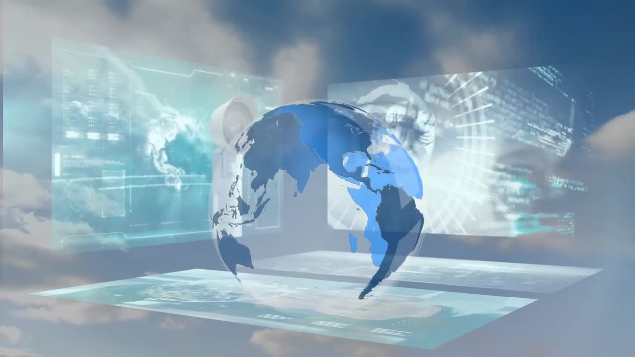 인간의 눈과 cctv 카메라로 스크린 위에서 회전하는 지구의 애니메이션