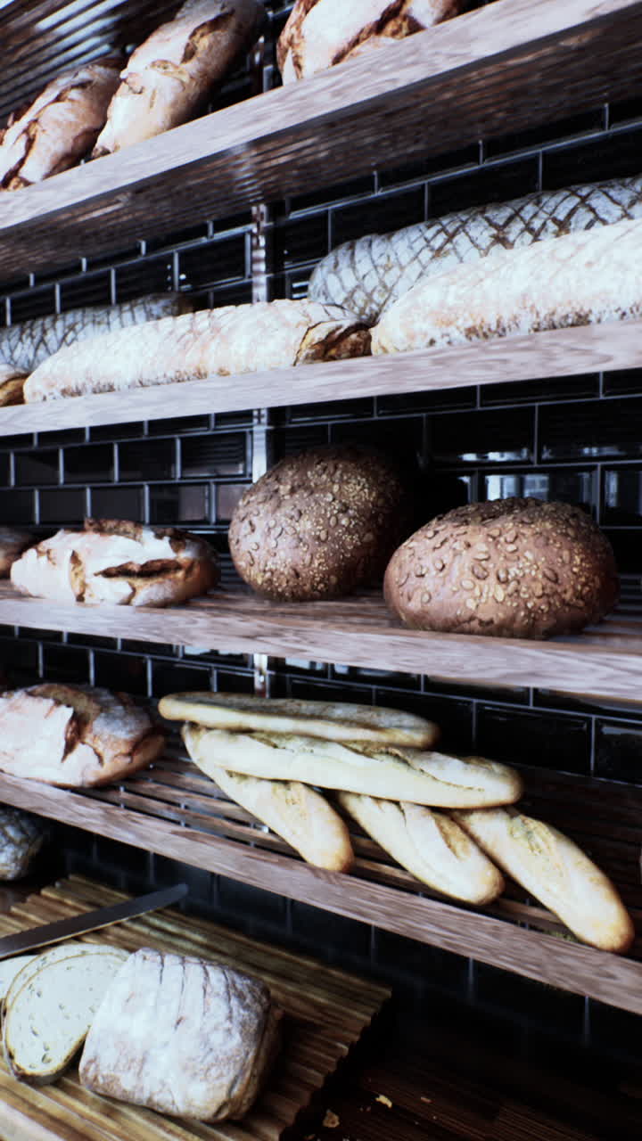 una variedad de panes en exhibición en una panadería.