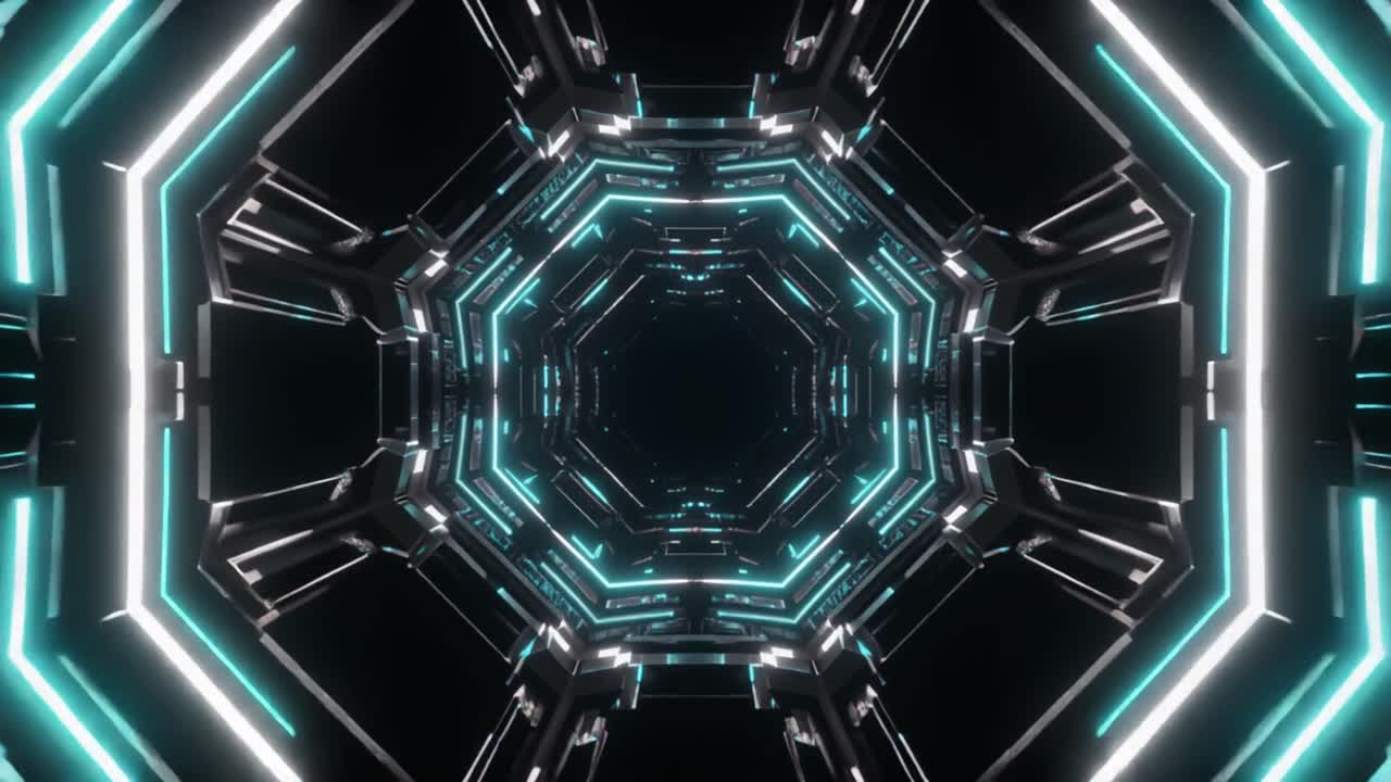 Flying Through a Futuristic Octagonal Tunnel with Neon Lights