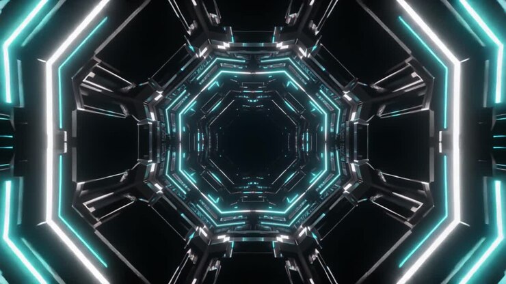Flying Through a Futuristic Octagonal Tunnel with Neon Lights