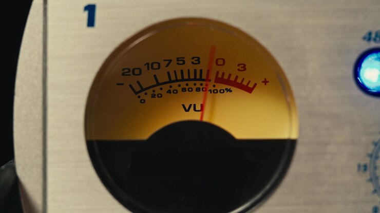 Hi fi amplifier, Audio signal levels monitoring audio console on classic sound panel. Close-up analog signal indicator with arrow