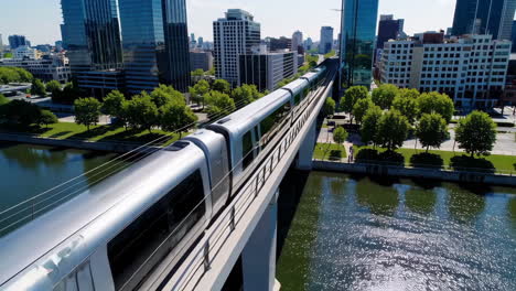modern city train crossing a bridge over a river