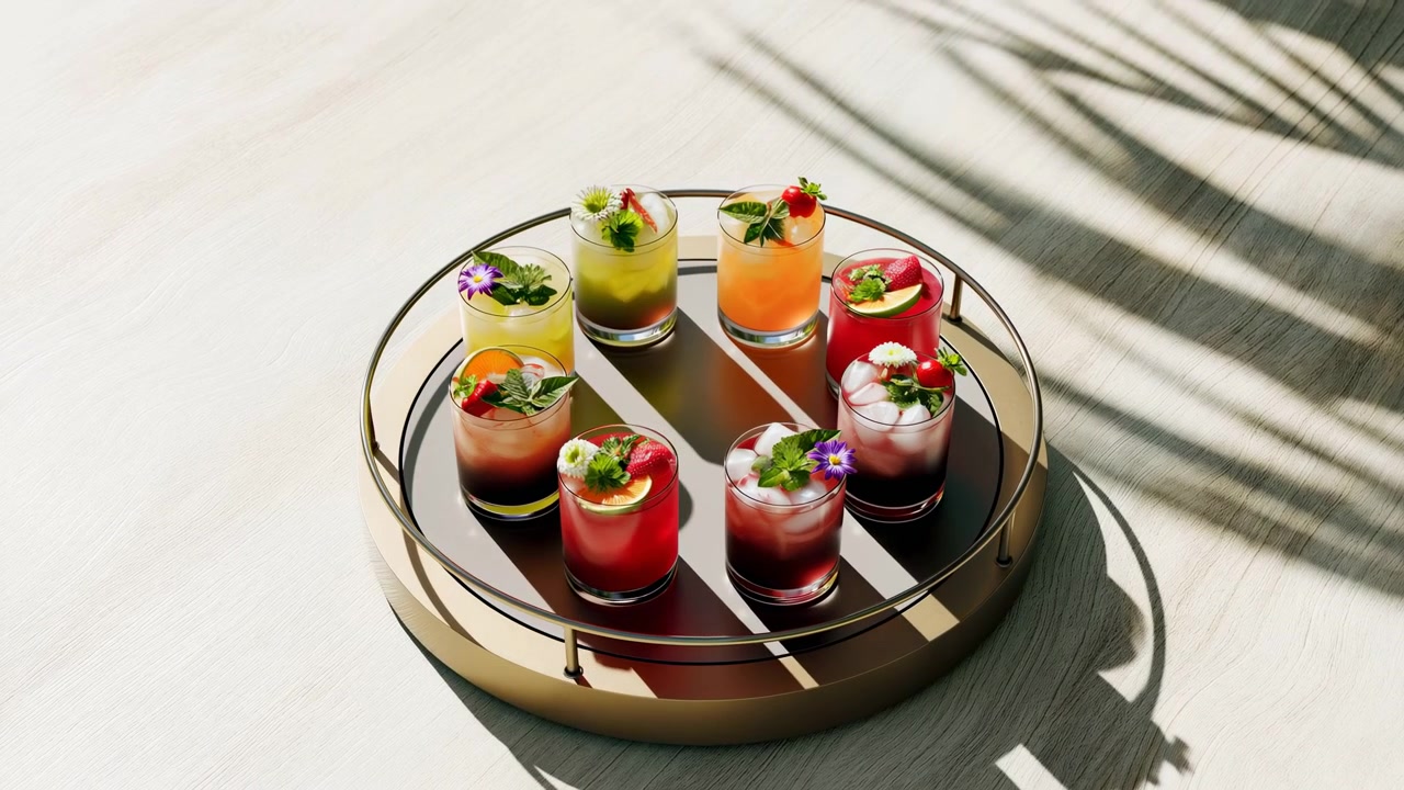 Composizione statica di frutta, su una superficie chiara con ombre, con un vassoio di frutta, vassoio di vetro, con vetro, texture di base in legno, da una prospettiva dall'alto, e un'atmosfera luminosa e fresca.