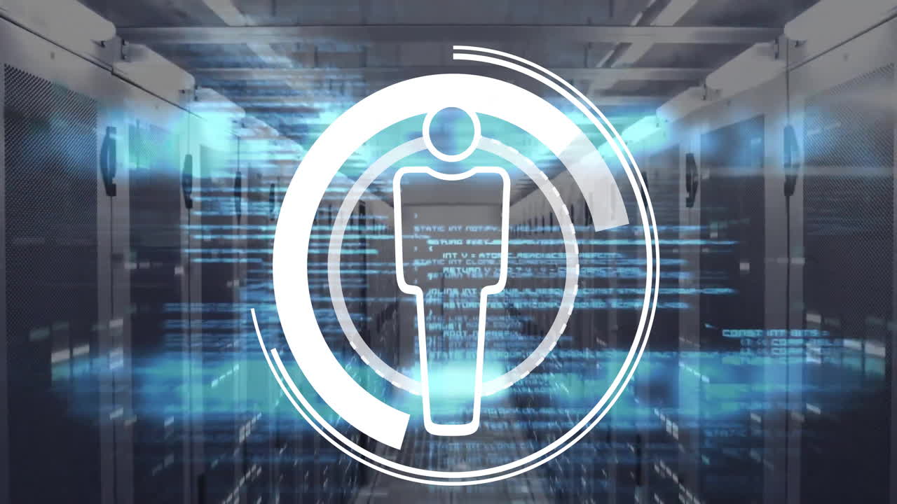 animación de iconos de personas y procesamiento de datos digitales a través de servidores informáticos