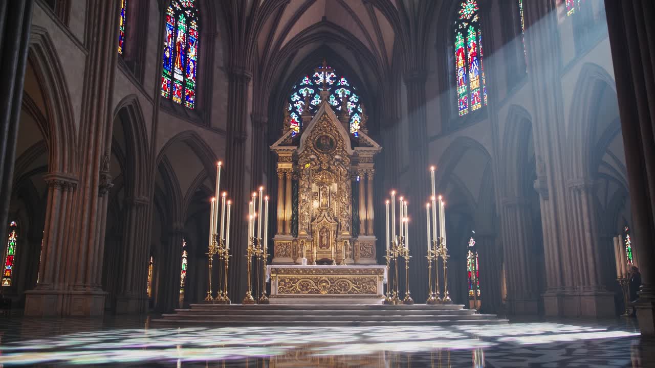 A majestic cathedral interior with sunlight streaming through stained glass