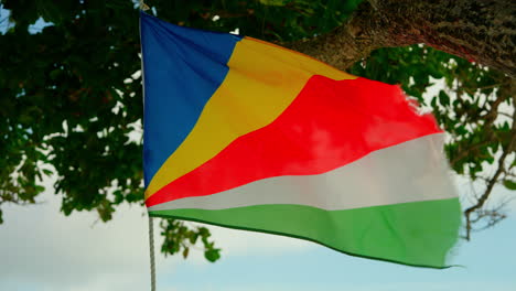 handheld close up shot of seychelles national flag waving