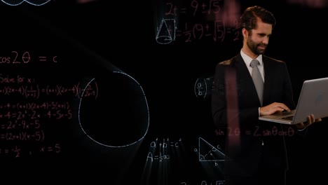 animation of caucasian businessman over mathematical equations on black background