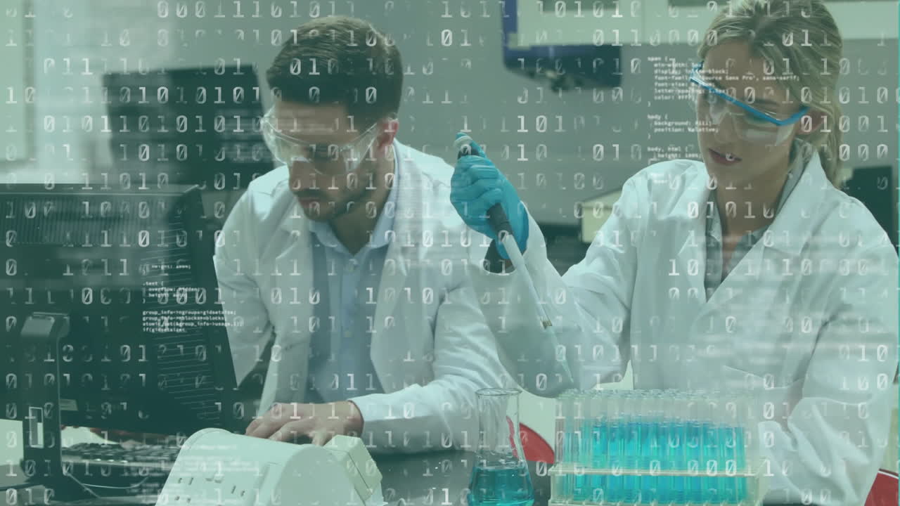Animation of data processing over diverse scientists working in lab