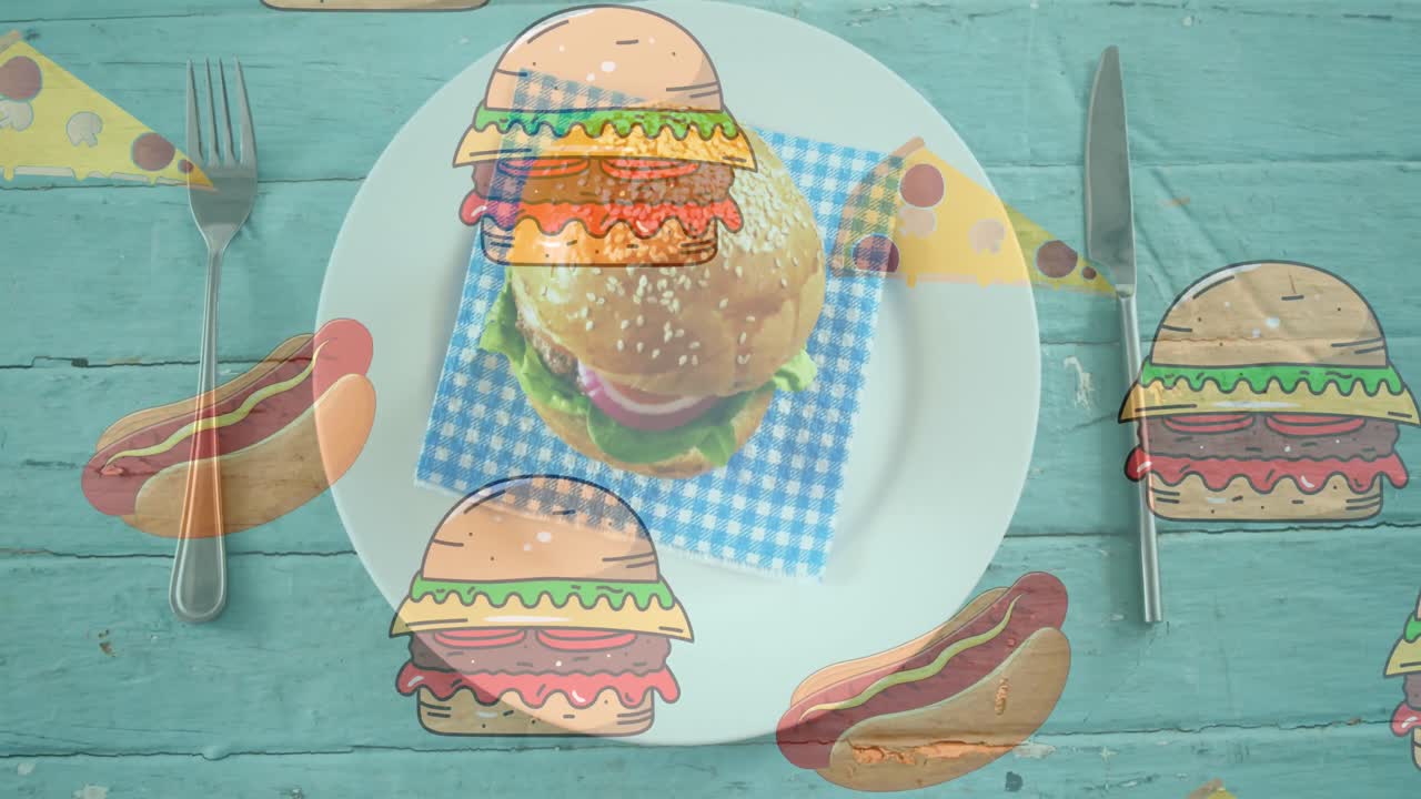 animación de la ilustración con perritos calientes y hamburguesas sobre hamburguesas en el plato
