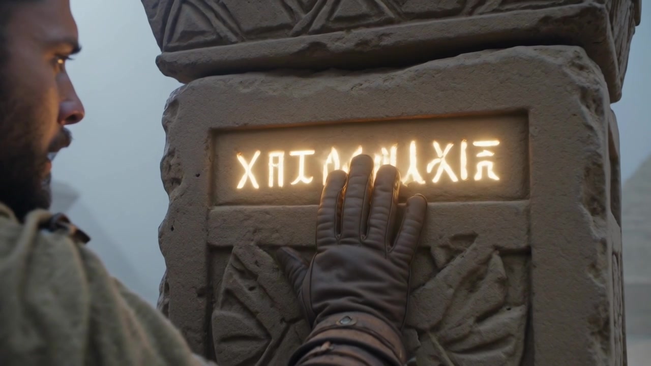 Uomo in cappotto con mano guantata che preme il palmo su un pannello in una rovina polverosa vicino a una piramide, illuminando le rune.