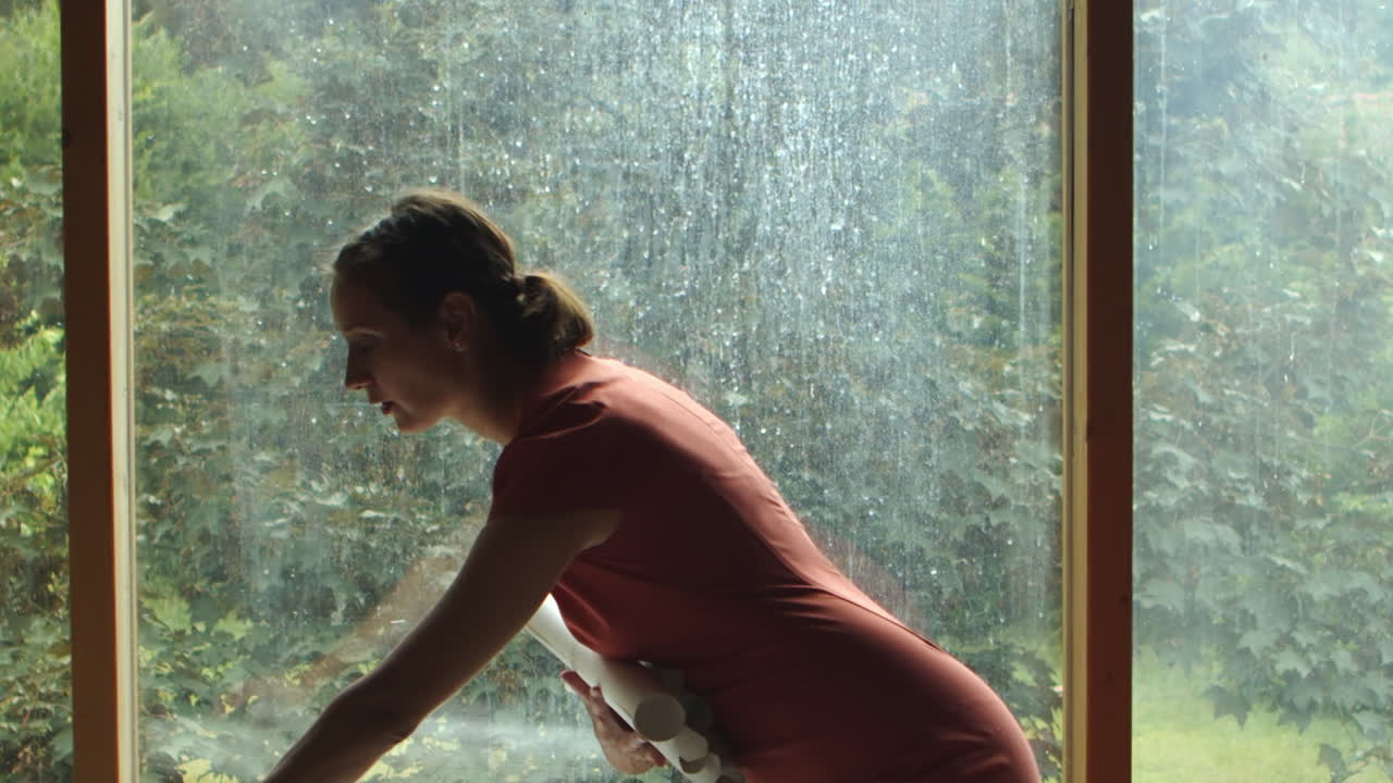 젊은 여성, 건축가 또는 디자이너는 테이블에서 프로젝트 롤을 선택하고 프레임에서 꺼냅니다.