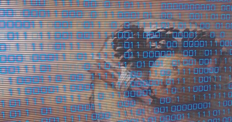 Binary digits starting left edge scrolling and scanning resting pug on sofa revealing cushion