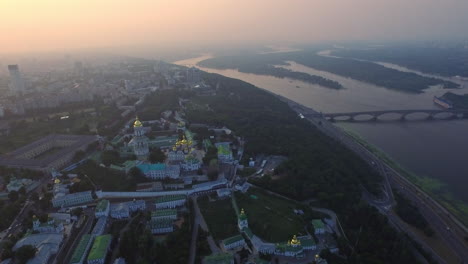 Aerial-landscape-Kiev-Pechersk-Lavra-on-evening-sunset-background