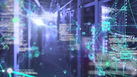 data processing and globe of network of connections spinning against server room