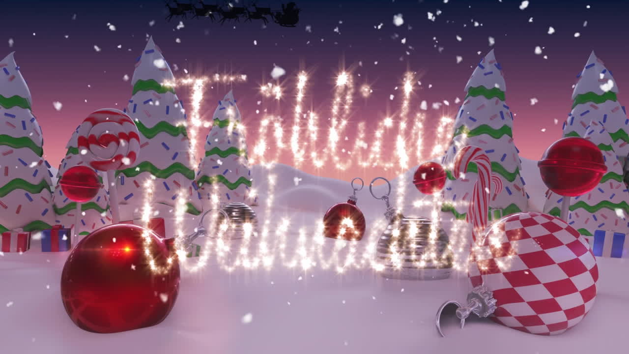 Holiday decorations with candy canes and ornaments over sparkling text animation