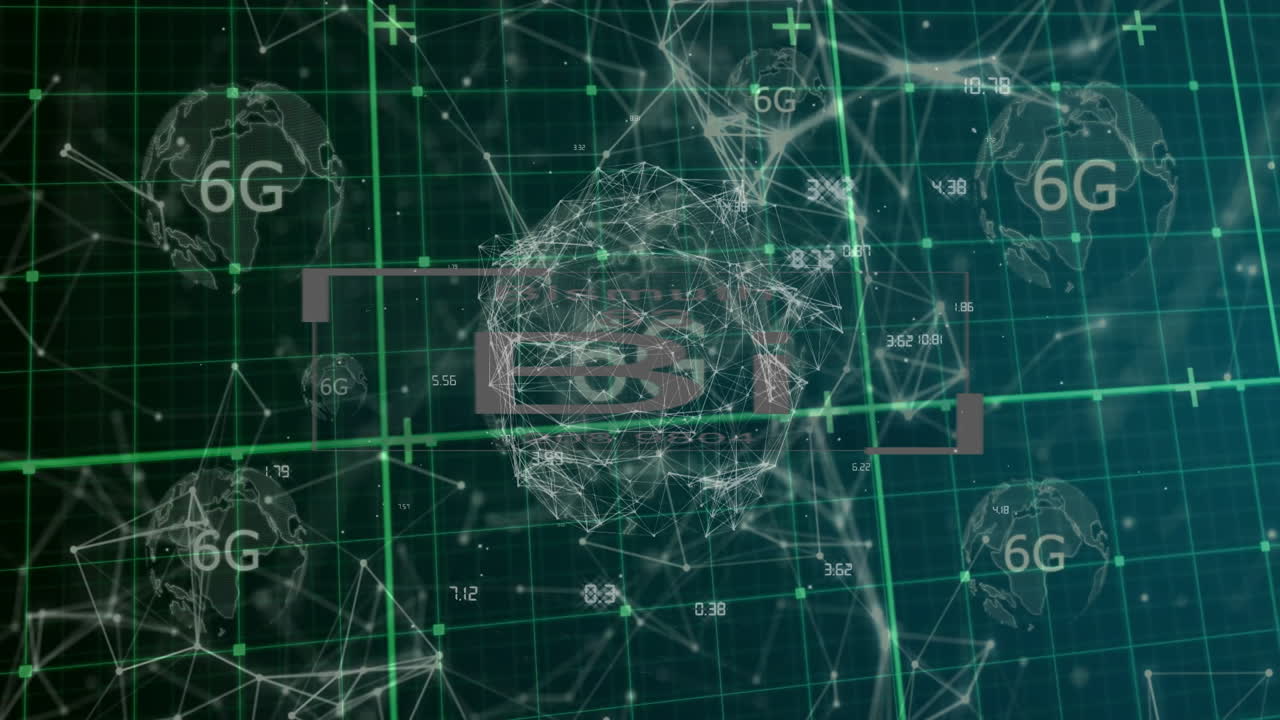 Digital network and data processing animation with 5G and 6G technology elements