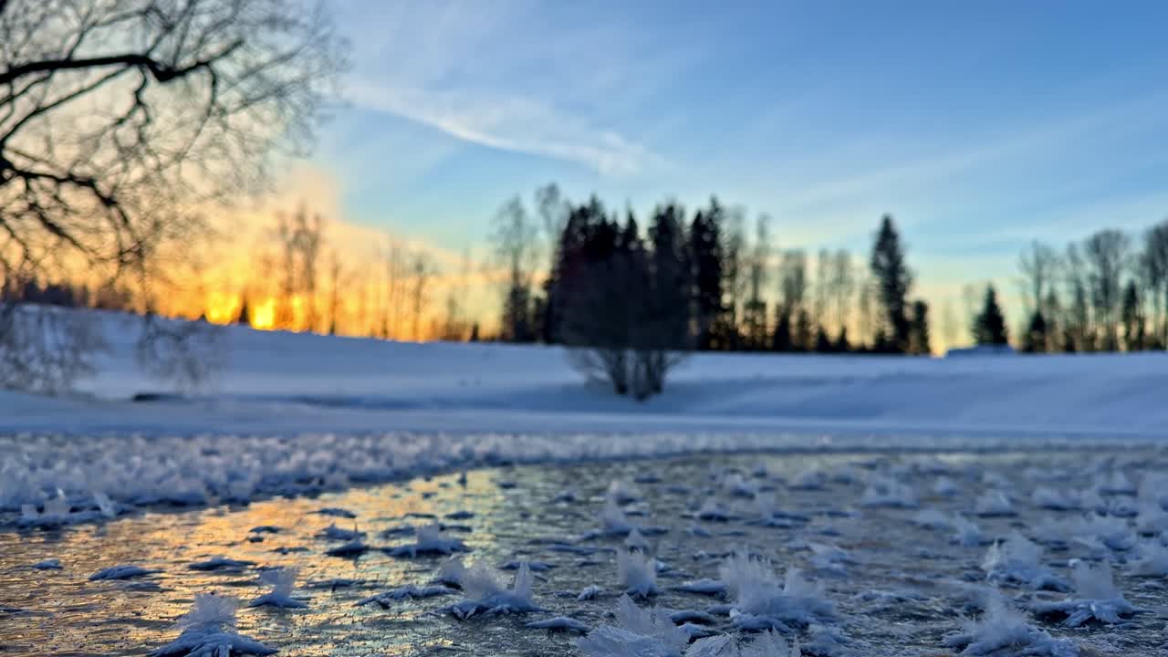 Cinematic tilt op fra nærbillede af frosne iskrystaller på en søoverflade til en smuk morgenopgang over et sneklædt vinterlandskab i det landlige Letland