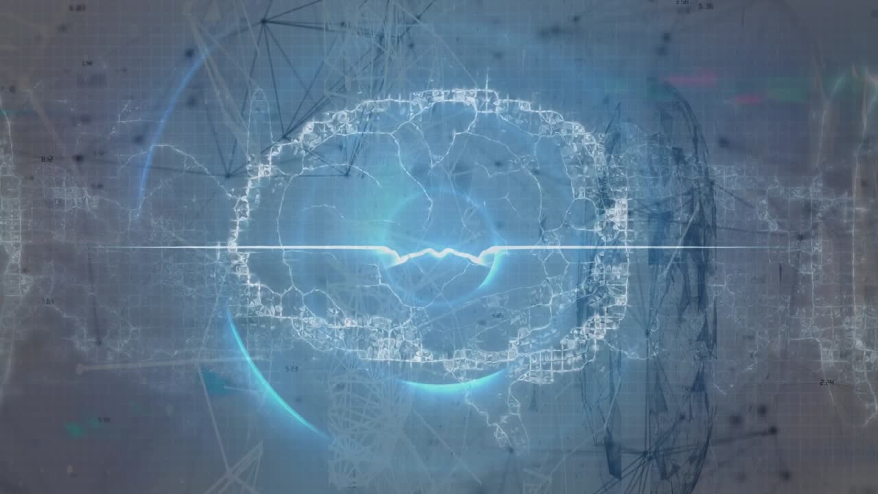Animation of human brain spinning and data processing over businessman wearing vr headset
