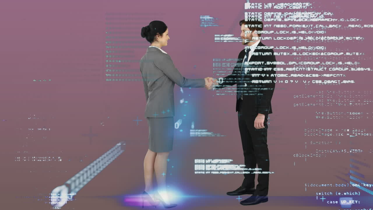 Animation of statistics and data processing over businessman handshake