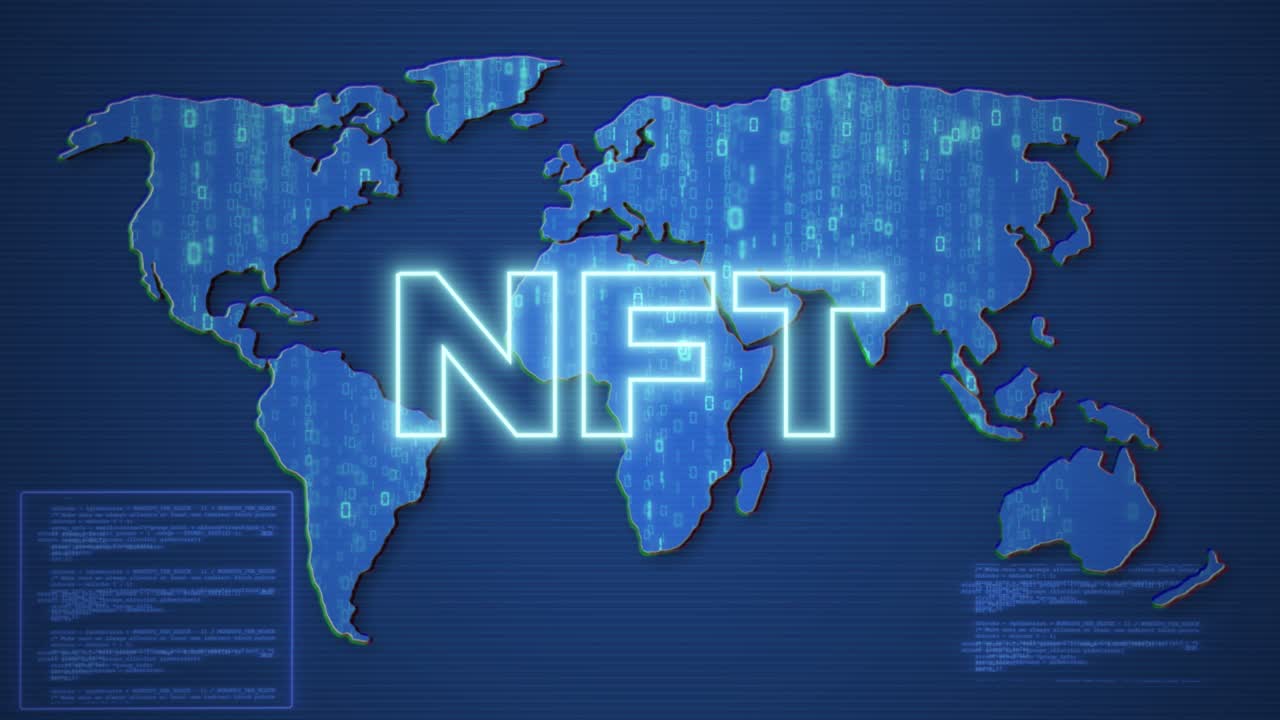 Neon NFT Inscription on Flowing Binary Code World Map Background. Digital Data. Future Technology. NFT Metaverse Concept.