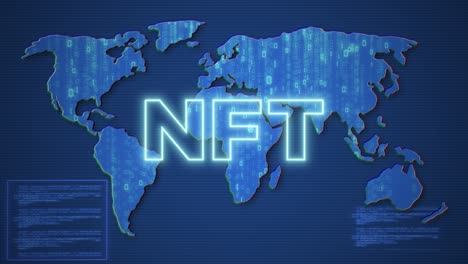 neon nft inscription on flowing binary code world map background. digital data. future technology. nft metaverse concept.