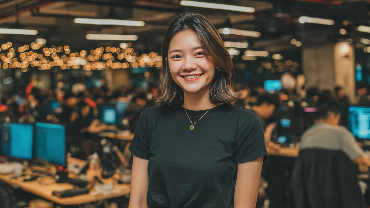 A young woman smiles brightly against a bustling backdrop of computer screens and people, embodying enthusiasm and positivity in a vibrant workspace